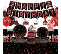 Obussgar Red Black Birthday Decoration - Red Black Party Supplies Including Banners, Plates, Cake Toppers, Mugs, Napkins, Balloons, Tablecloths - For 20 People (LQ)