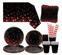 Obussgar Red Black Party Decoration - Red Black Birthday Tableware Including Plates, Cups, Napkins, Tablecloths, Straws - For 20 People