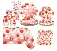 Obussgar Strawberry Daisy Party Decoration - Strawberry Daisy Birthday Party Tableware Supplies Includes Plates, Cups, Napkins, Tablecloth, Straws - Serves 20