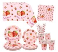 Obussgar Strawberry Party Decoration - Strawberry Birthday Party Tableware Supplies Includes Plates, Cups, Napkins, Tablecloth, Straws - Serves 20