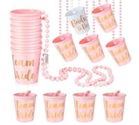 OBYJCA 16 PCS Hen Party Shot Glasses, Hen Plastic Cups Party Do Shot Glass Necklace Glasses Necklace Re-Usable for Wedding Bridal Shower Bachelorette Accessories (Pink)