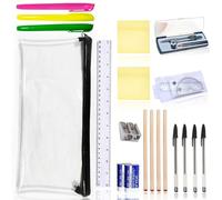 OBYJCA 22 Pcs Back to School Stationery Set, School Stationary Sets, Assorted Stationery Pack with 4 Graphite Pencils, 4 Pens, 3 Highlighter, 2 Eraser & Sharpener, Compass, Pencil Case, 2 Post Notes