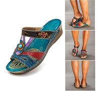OcaseQ Womens Wedge Sandals Summer Bohemian Platform Slip-On Slippers Ethnic Style Flower Open Toe Leather Sandals Casual Beach Sandals for Walking Hiking Outdoor Sport,40