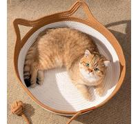 Ocastuted Cat Basket Bed, Hand Woven Cat Bed, Pet Wicker Nest With Cute Ear, Round Kitten Sleeping Rattan Nest, With Playing Rope Ball, Wear Resistant