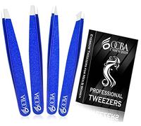 OCBA 4 Pcs Blue Tweezers for Facial Hair Women & Men for Precise Grooming of Eyebrows - Professional Stainless Steel Black Color Coated Eyebrow Tweezers for Ingrown Hair on Nose Ear (Blue)