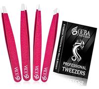 OCBA 4 Pcs Pink Tweezers for Facial Hair Women & Men for Precise Grooming of Eyebrows - Professional Stainless Steel Black Color Coated Eyebrow Tweezers for Ingrown Hair on Nose Ear (Pink)