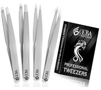 OCBA 4 Pcs Silver Tweezers for Facial Hair Women & Men for Precise Grooming of Eyebrows - Professional Stainless Steel Black Color Coated Eyebrow Tweezers for Ingrown Hair on Nose Ear (Silver)