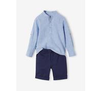 Occasion Wear Ensemble: Shirt with Mandarin Collar & Shorts for Boys striped blue
