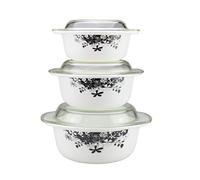Occasions 3pc Glass Casserole Dish With Lids - 1L, 1.5L & 2.5L Round Glass Casserole Set With Lids Opal Glassware (Black/White Flowera)