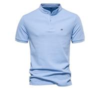 OCCOKO Men's Casual Mandarin Collar Shirt Short Sleeve Cotton Solid Color Cotton Top, azure, L