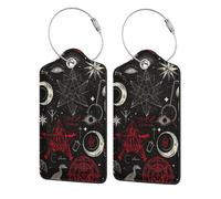 Occult Alchemical Skull Sacred Geometry Magic Black Leather Luggage Tags with Privacy Cover - Stainless Steel Cable Id Holder for Suitcase Travel Bag Briefcase