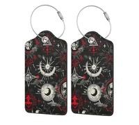 Occult Skull Alchemical Magic Sacred Geometry Black Leather Luggage Tags with Privacy Cover - Stainless Steel Cable Id Holder for Suitcase Travel Bag Briefcase