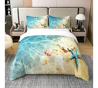 Ocean 100% Washed Cotton Duvet Cover 220 x 240 cm Beach Bedding Set Coastal Nature Theme Pattern Teal Comforter Cover Girls Hawaiian Quilt Cover Sea Wave Animal Starfish Bed 2 Pillowcases Blue
