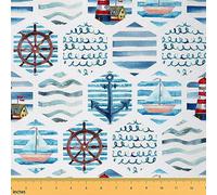 Ocean Anchor Fabric by The Yard,Watercolor Blue Stripes Upholstery Fabric,Nautical Sailboat Rudder Sea Wave Decorative Fabric for DIY,Coastal Seaside Cabin Lighthouse Sewing Supplies,1 Yard