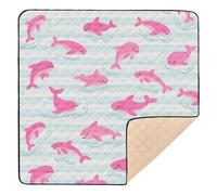 Ocean Animal Fish Shark Dark Pink Stripe Cute Foldable Baby Play Mat for Floor Washable Baby Kick Crawling Mat for Baby Kids Toddlers Infants, 50'' x 50''