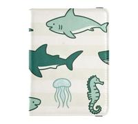 Ocean Animal Fish Shark Green Beige Leather family passport holder for travel Wallet Combo Passport Case Travel Documents Wallet for women Lightweight