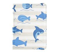 Ocean Animal Fish Shark Light Blue Stripe Leather cute passport holder for travel Wallet Combo Travel Passport Wallet With Vaccination Card Slot for men Ultra Slim