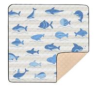 Ocean Animal Fish Shark Light Blue Stripe Soft Padded Baby Play Mat for Floor Non-Toxic Baby Kick Crawling Mat for Baby Toddler Infant, 50'' x 50''