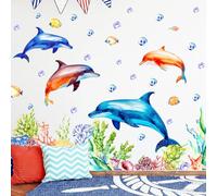 Ocean Animal Wall Decals Under The Sea Fish Wall Stickers Large Dolphin Wall Decals Underwater Bubble Seaweed Wall Stickers Big Dolphin Wall Stickers for Bathroom Kids Bedroom Nursery