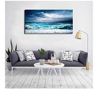Ocean Aqua Waves Canvas Wall Art Picture Stormy Weather Blue Sky Artwork Blue Sea Beach Painting for Office Home Wall Decor-60x90cm No Frame