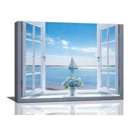 Ocean Bathroom Decor Wall Art Coastal Seascape Hydrangea Pictures Wall Decor Window View Sea Canvas Prints Blue Sky Sailboat Painting Modern Artwork Home Decoration for Bedroom Living Room 16"x12"