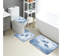 Ocean Bathroom Mat Sets 3 Piece, Blue Ocean Creatures Marine Animals Absorbent Non Slip Toilet Rugs U Shaped Washable, Summer Beach Quick Dry Flannel Bathroom Rug Set