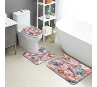 Ocean Bathroom Mat Sets 3 Piece, Pastel Dolphins and Shells Absorbent Non Slip Toilet Rugs U Shaped Washable, Summer Coastal Quick Dry Memory Foam Bathroom Rug Set