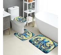 Ocean Bathroom Mat Sets 3 Piece, Stained Glass Octopus Design Absorbent Non Slip Toilet Rugs U Shaped Washable, Nautical Quick Dry Memory Foam Bathroom Rug Set