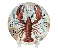 Ocean Battery Operated Wall Clock Lobster with World Sailing Pirate Map Nautical Coastal Vintage Style Tan Red Plastic Silent Waterproof Office Dining Room Round Wall Clock 10x10 Inch