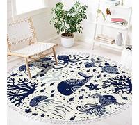 Ocean Beach Area Rugs Underwater Jellyfish Octopus Marine Animal Round Boho Area Rug Linen Carpet Playmat Washable Hallway Runner Mat for Nursery Kid Room Bedroom Decoration Children Gift 4ft