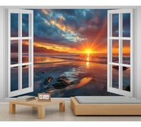 Ocean Beach Bedroom Wall Mural Coastal Sunset 3D Window Mural Mountain Rocky Shore Landscape Wallpaper Seaside Scenery Wallpaper for Living Room 500 x 317 cm