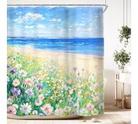 Ocean Beach Bright Blue Beachy Coastal Floral Bathroom Shower Curtain Set