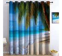 Ocean Beach Coconut Trees 100% Blackout Curtains W 92" x L 90" for Bedroom and Living Room, Super Soft Natural Landscape Printed Thermal Insulated Curtains, Eyelet Light Blocking Window Drapes