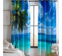 Ocean Beach Islands Palm Trees Blackout Curtains, Soft Energy Saving Window Drapes, Decorative Panels Thermal Insulated Eyelet Curtains for Bedroom & Living Room, Nature Scenery, 234 x 183 cm