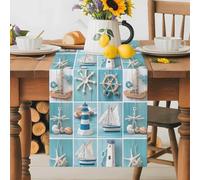 Ocean Beach Lighthouse Starfish Shell Table Runner 70 Inches Long,Table Runners Kitchen Dining Tables Decoration for Home Party Decor, Blue Wood Grain Plaid Tables Runner Wedding Dresser Scarf