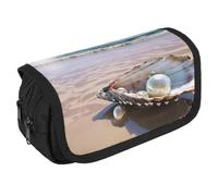 Ocean Beach Mussel Pearl Pencil Case Organizer - Large Capacity 3 Compartment Pencil Pouch for Adults, Portable Makeup Bag & Aesthetic Stationery Bag with Zipper (8.7x4.3") Unisex Gift