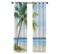 Ocean Beach Palm Tree Blackout Curtains for Bedroom Living Room, Summer Tropical Island Decor Seaside 84 In Long Thermal Insulated Room Darkening Drapes Grommet Window Treatments, 42 x 84 In