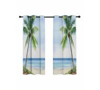 Ocean Beach Palm Tree Blackout Curtains for Bedroom Living Room, Summer Tropical Island Decor Seaside 54 In Long Thermal Insulated Room Darkening Drapes Grommet Window Treatments, 42 x 54 In
