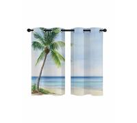 Ocean Beach Palm Tree Blackout Curtains for Bedroom Living Room, Summer Tropical Island Decor Seaside 39 In Long Thermal Insulated Room Darkening Drapes Grommet Window Treatments, 27.5 x 39 In