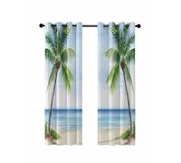 Ocean Beach Palm Tree Blackout Curtains for Bedroom Living Room, Summer Tropical Island Decor Seaside 72 In Long Thermal Insulated Room Darkening Drapes Grommet Window Treatments, 52 x 72 In