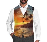 Ocean Beach Palm Tree Sunrise Sunset Men's Suit Vest Formal Dress Waistcoat Vest Casual Business Vests for Suit Or Tuxedo 3XL