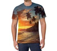 Ocean Beach Palm Tree Sunrise Sunset Men's T-Shirts Classic Short Sleeve Crew Neck Tee Summer Casual Tops Graphic 6XL