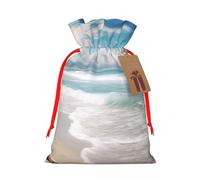 ocean beach Printed Christmas Drawstring Bags for Party Xmas Gift Wrapping, Red Ribbon, M