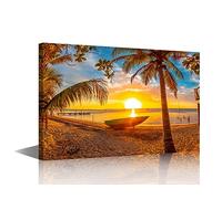Ocean Beach Sunset Canvas Wall Art - Sunrise Abstract Blue Sea Landscape for Living Room, Office, Bedroom - Stretched & Framed - 36" W x 24" H