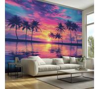 Ocean Beach Sunset Wallpaper Scene - Tropical Palm Tree Wall Paper, Beach Home Decor, Non-Woven Waterproof Print Wallpapers for Bedroom Living Room, Feature Walls Mural 450x315 cm - RvX270