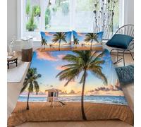 Ocean Beach Super King Duvet Cover Sets 260x220 cm Palm Trees and Green Plants Bedding Set Khaki Microfiber Hypoallergenic Quilt Cover with Zipper Closure and 2 Pillowcases for Teens and Adults h-1857
