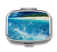 Ocean Beach Theme Pill Box 2 Compartments Portable Travel Pill Case Mini Medicine Organizer for Pocket Purse Metal Waterproof Medicine Container Holder Vitamin Fish Oil