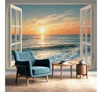 Ocean Beach Wall Mural Seaside Wave Wallpaper Non-Woven Sunset Landscape Living Room Bedroom Kitchen Office Background Wall Covering 315 x 450 cm