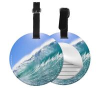 Ocean Big Wave Print Round Luggage Tag 10 Cm, Pu Leather Suitcase Label, Luggage Tags for Cruise Ships Suitcase Tags Beach Malibu Print Privacy Cover Id Label