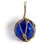 OCEAN BLUE GLASS FISHING FLOAT ORNAMENTAL SEA BUOY | hand blown | nautical seafaring fishing rustic décor | 10cm diameter | with rustic brown string netting and hanging loop